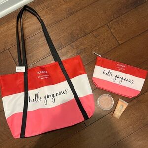 Clinique x Kate Spade hello Georgia’s tote, makeup bag, bronzer and cream